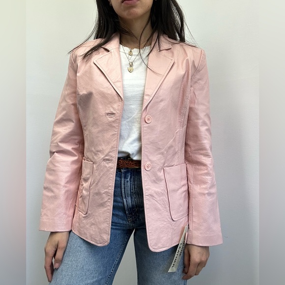 Vintage 90’s Soft Pink Genuine leather Blazer Jacket Single Breast Size S - Picture 1 of 13